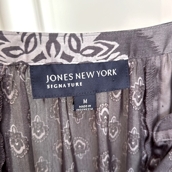 Blouse Mixed Media Pattern Top Tunic Peasant 3/4 Sleeves Cool Gray Hue Medium - Picture 2 of 8